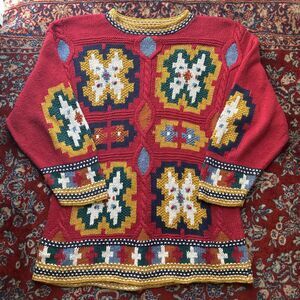 VTG M.J. Carroll Knit Sweater Womens Large Pink Geometric Colorful Grandma